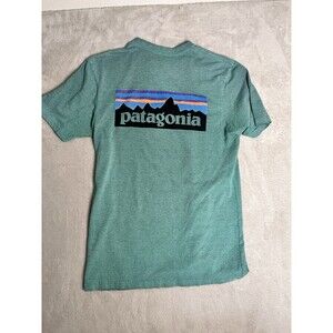 Patagonia T-Shirt Men's S Green Blue P-6 Logo Responsibili-Tee Graphic Recycled